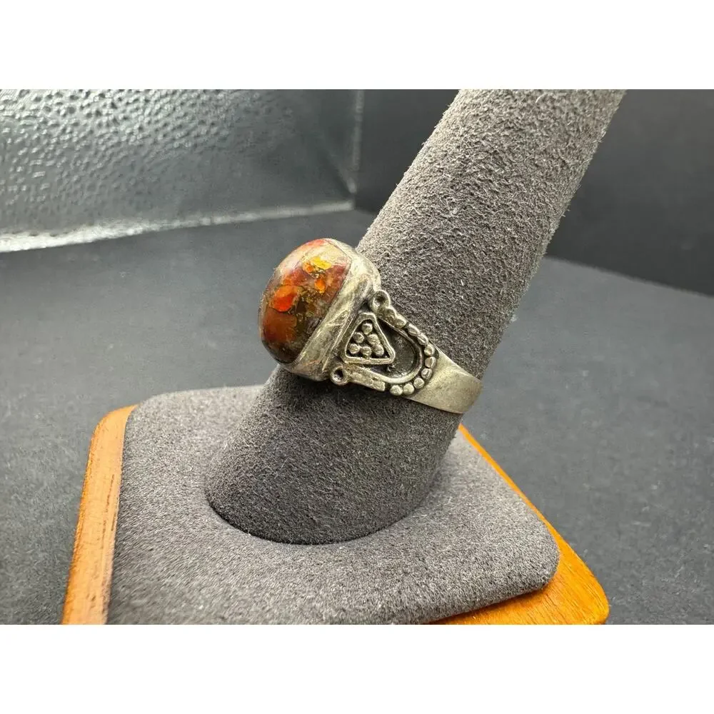 Vintage Sterling Silver 925 Statement Ring Fire Opal Textured Band Size 10